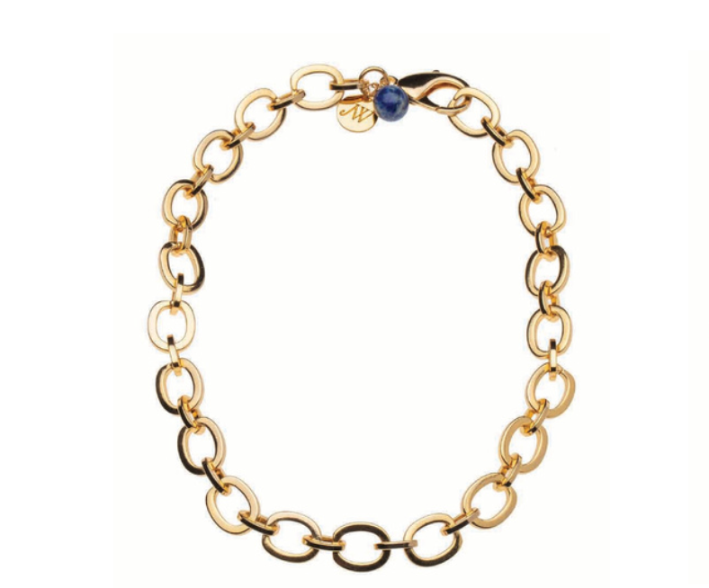 The Jane Win Necklace Chain Collection features a gold chain with oval links, a small round blue bead, and a circular gold charm near the clasp—an elegant, versatile addition to your jewelry.
