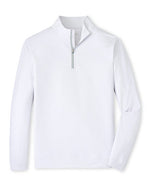 The Peter Millar Perth Basketweave Performance Quarter-Zip is a plain white long-sleeve pullover made from performance fabric, featuring a classic quarter-zip collar with no visible logos—ideal for versatile golf apparel.