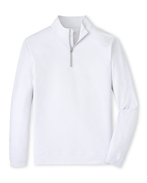 The Peter Millar Perth Basketweave Performance Quarter-Zip is a plain white long-sleeve pullover made from performance fabric, featuring a classic quarter-zip collar with no visible logos—ideal for versatile golf apparel.
