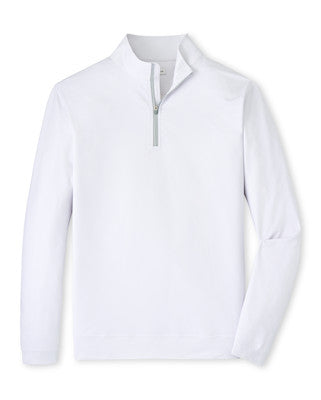 The Peter Millar Perth Basketweave Performance Quarter-Zip is a plain white long-sleeve pullover made from performance fabric, featuring a classic quarter-zip collar with no visible logos—ideal for versatile golf apparel.