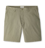 Peter Millar Crown Comfort shorts in olive green plain weave fabric, featuring a button fly, belt loops, and an 8″ inseam.