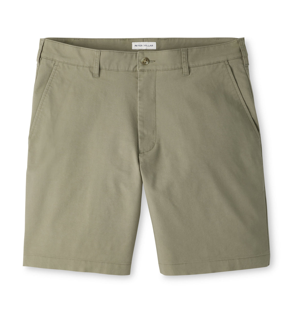 Peter Millar Crown Comfort shorts in olive green plain weave fabric, featuring a button fly, belt loops, and an 8″ inseam.