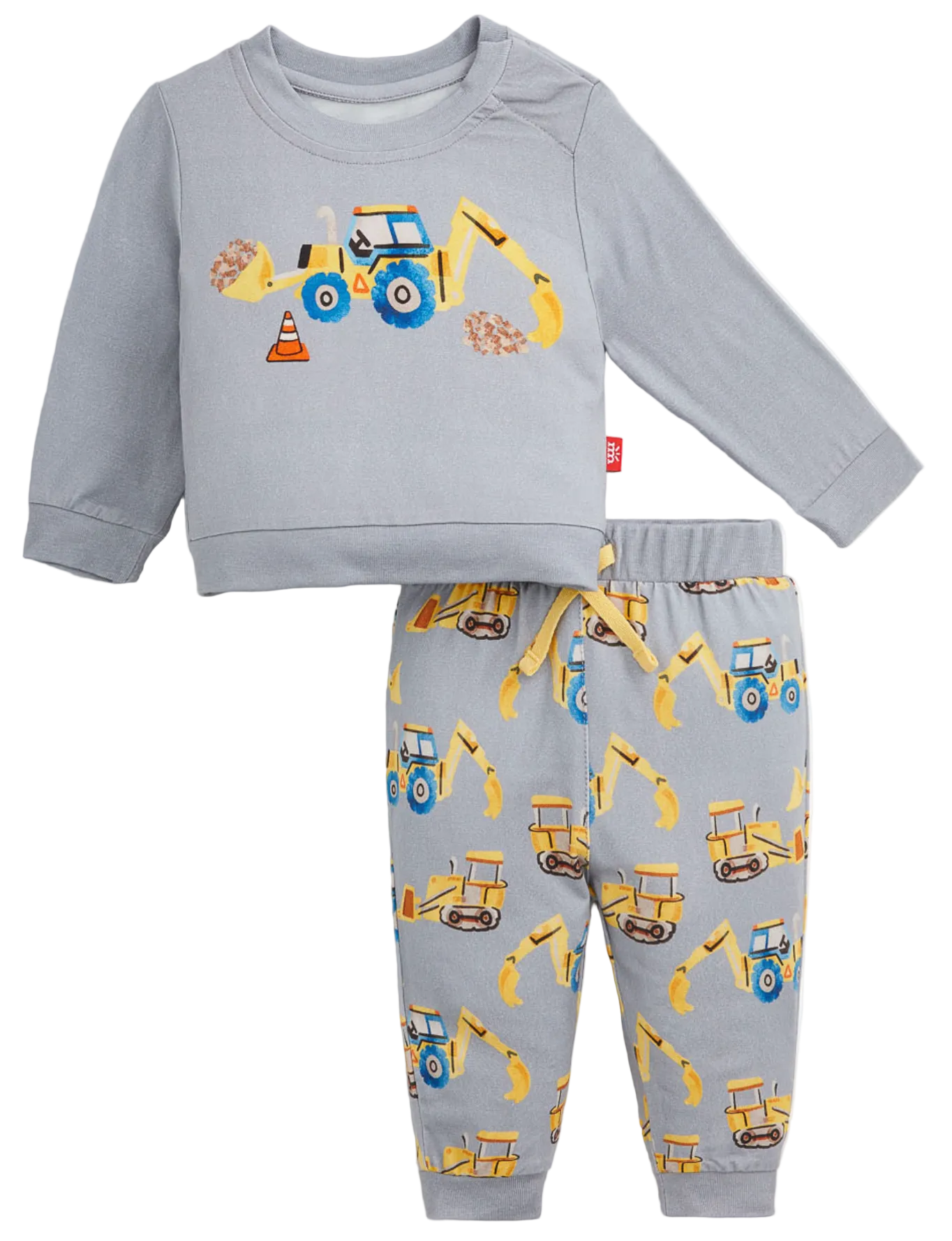 Dress your little one in the Magnetic Me Baby Boys’ and Boys’ Doze Off Top and Pants—a gray toddler outfit made from soft TENCEL™ modal for all-day comfort. This long-sleeve top and pants set features cheerful yellow and blue construction vehicles with traffic cone prints, making morning dressing quick and easy for busy families.