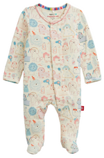 Baby Girls’ Poodle Pawlor Footie by Magnetic Me features a long-sleeve, loose-fitting design with adorable pastel animal prints on a white background, convenient front snaps, and is crafted from naturally flame retardant RightFit fabric for cozy comfort and safety.