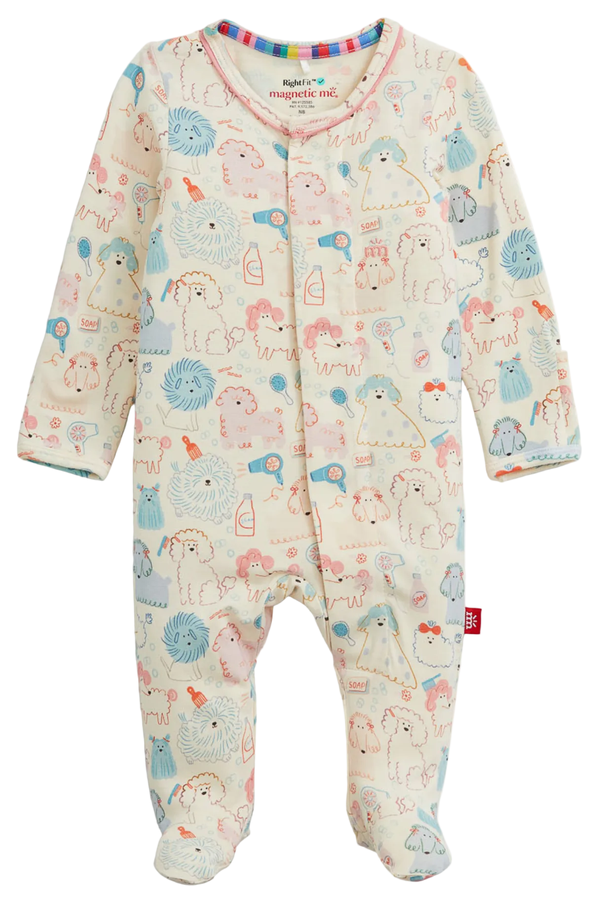 Baby Girls’ Poodle Pawlor Footie by Magnetic Me features a long-sleeve, loose-fitting design with adorable pastel animal prints on a white background, convenient front snaps, and is crafted from naturally flame retardant RightFit fabric for cozy comfort and safety.