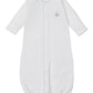 Kissy Kissy Baby Premier Noah's Ark Convertible Gown features soft Peruvian cotton, blue edge stitching, and a hand-embroidered Noah's Ark on the chest.
