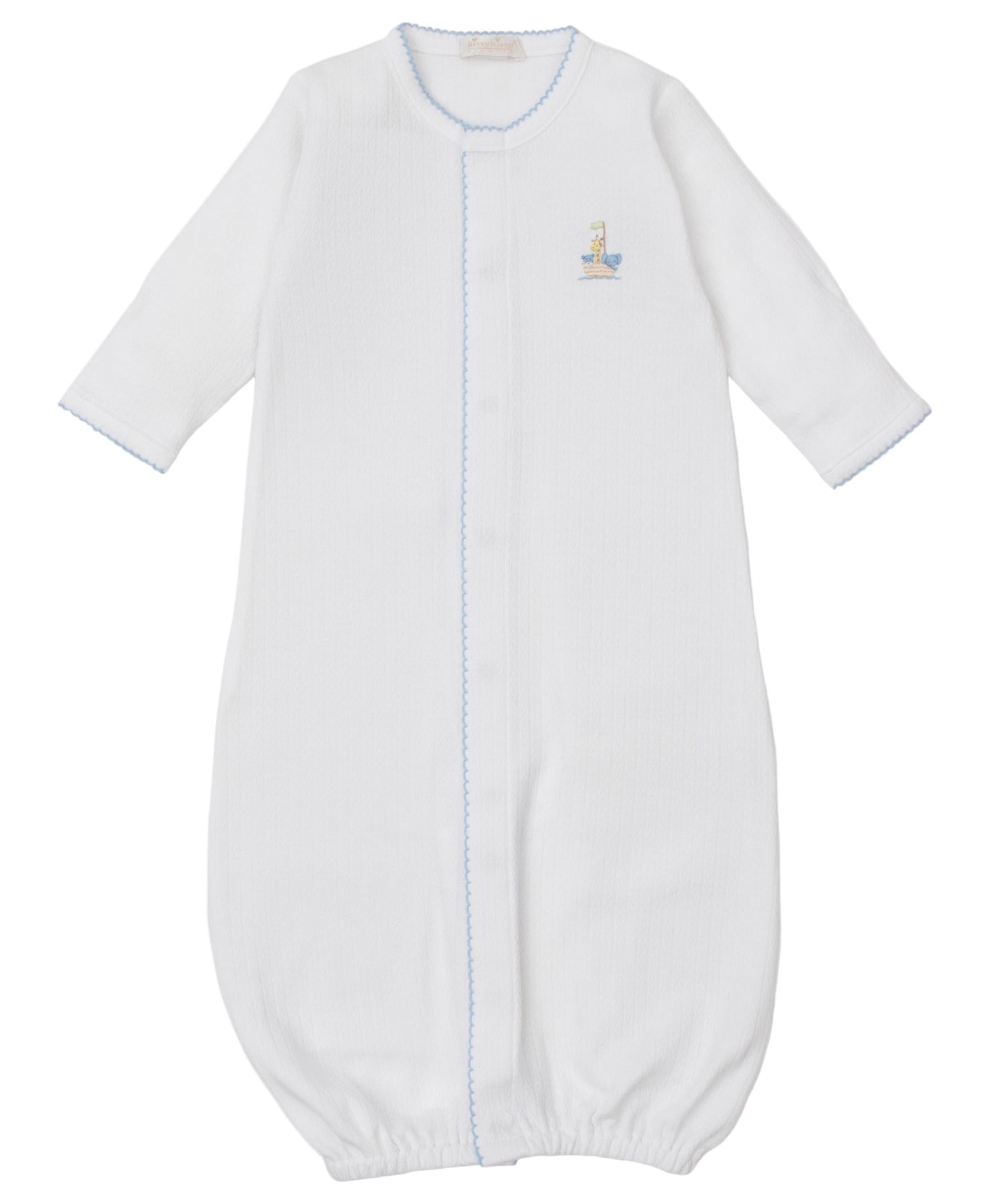 Kissy Kissy Baby Premier Noah's Ark Convertible Gown features soft Peruvian cotton, blue edge stitching, and a hand-embroidered Noah's Ark on the chest.