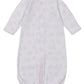 The Kissy Kissy Baby Cheerful Goodnight Convertible Gown features long sleeves, a pink cloud and sun print, front snap closure, and an elastic hem. Made from ultra-soft Pima cotton for baby's comfort.