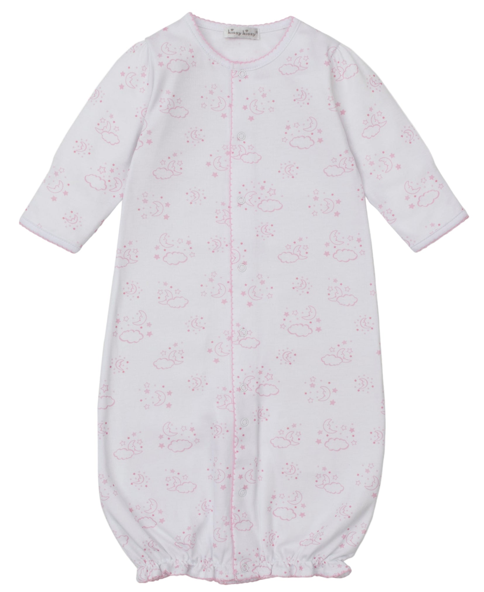 The Kissy Kissy Baby Cheerful Goodnight Convertible Gown features long sleeves, a pink cloud and sun print, front snap closure, and an elastic hem. Made from ultra-soft Pima cotton for baby's comfort.