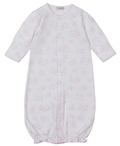 The Kissy Kissy Baby Cheerful Goodnight Convertible Gown features long sleeves, a pink cloud and sun print, front snap closure, and an elastic hem. Made from ultra-soft Pima cotton for baby's comfort.