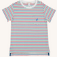 The Beaufort Bonnet Company’s Baby Boys' Carter Crewneck features short sleeves, Buckhead Blue Stripe with red and green bands, a white collar, and a chest pocket with a small blue bird.
