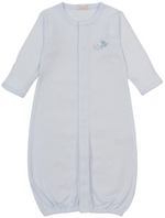 The Kissy Kissy Baby Premier Puppy Paws Hand Emb. Striped Convertible Gown is a light blue long-sleeve baby gown, crafted from ultra-soft Peruvian cotton with a front seam, an elasticated hem, and a small embroidered blue dog detail on the chest.