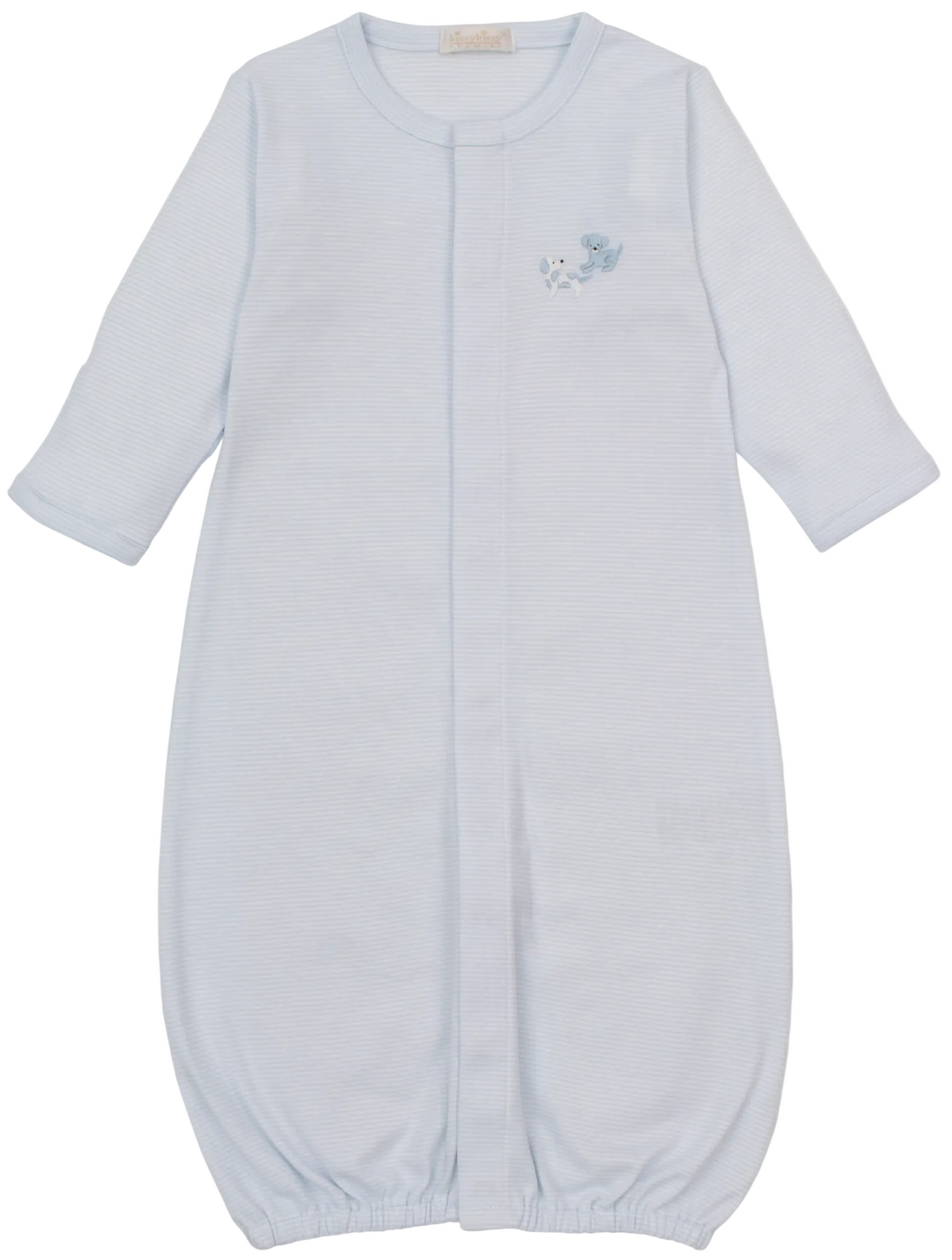 The Kissy Kissy Baby Premier Puppy Paws Hand Emb. Striped Convertible Gown is a light blue long-sleeve baby gown, crafted from ultra-soft Peruvian cotton with a front seam, an elasticated hem, and a small embroidered blue dog detail on the chest.