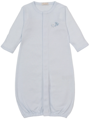 The Kissy Kissy Baby Premier Puppy Paws Hand Emb. Striped Convertible Gown is a light blue long-sleeve baby gown, crafted from ultra-soft Peruvian cotton with a front seam, an elasticated hem, and a small embroidered blue dog detail on the chest.