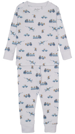 The Kissy Kissy Boys’ Bears on the Go Pajama Set is a toddler pajama set made from soft Pima cotton, featuring long sleeves and pants. This charming set displays a white background adorned with blue illustrations of cars, trucks, and playful bears in a whimsical repeating pattern.