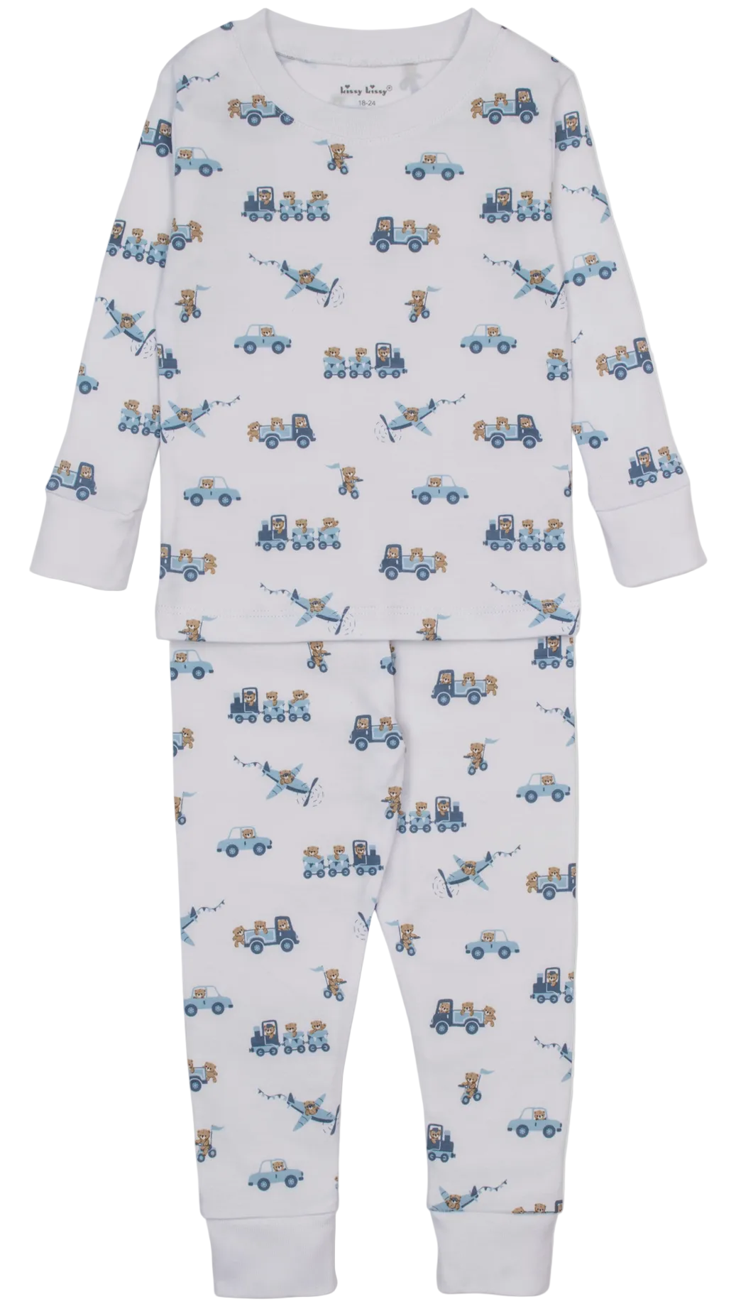 The Kissy Kissy Boys’ Bears on the Go Pajama Set is a toddler pajama set made from soft Pima cotton, featuring long sleeves and pants. This charming set displays a white background adorned with blue illustrations of cars, trucks, and playful bears in a whimsical repeating pattern.