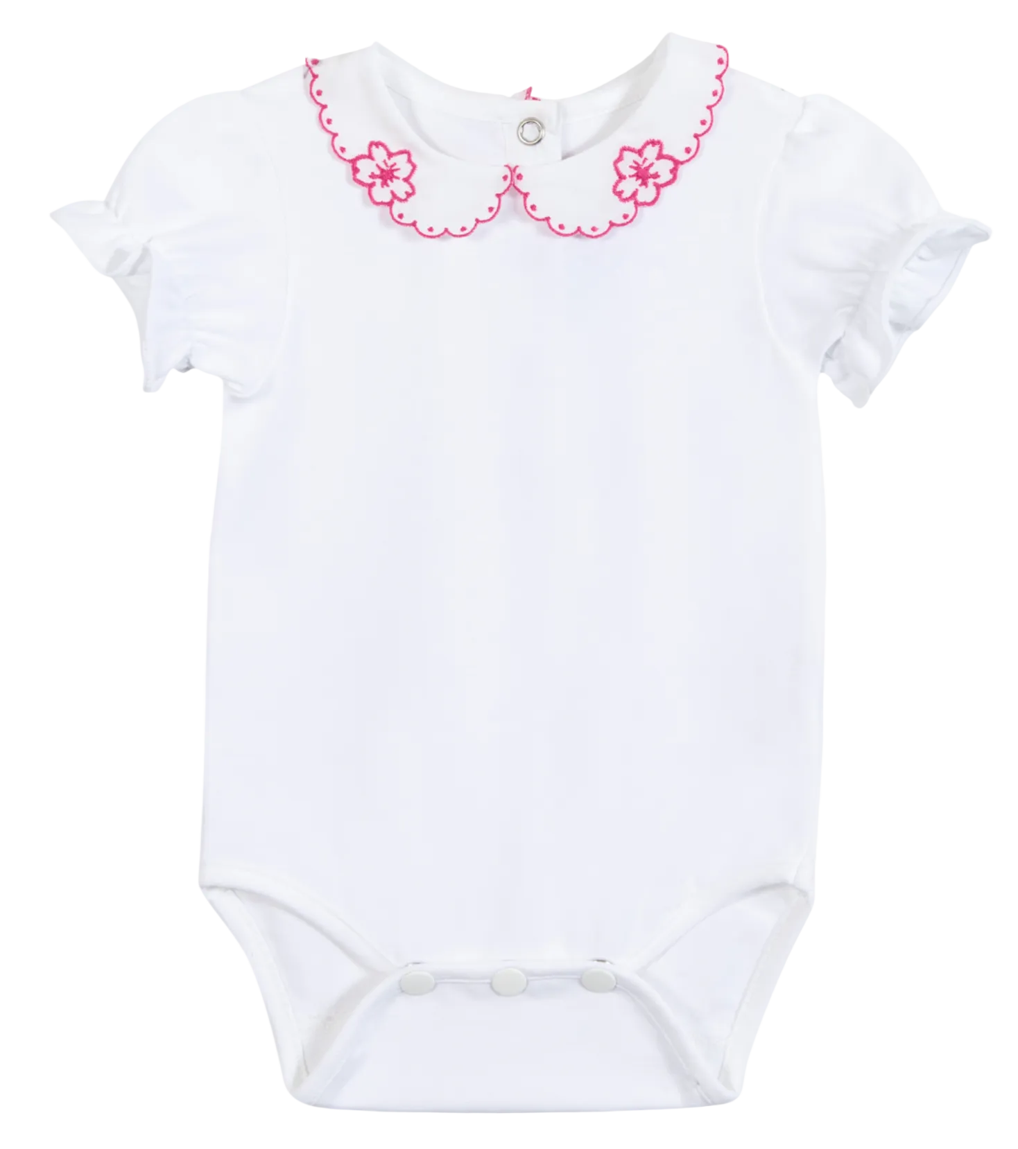 Dress your little one in the Tartine et Chocolat Baby Girls’ Peter Pan Collared Onesie—a white cotton romper featuring a charming scalloped Peter Pan collar with pink trim, delicate embroidered pink flowers, and short puff sleeves. Perfect as a summer outfit for baby girls, it also includes convenient snap buttons at the bottom and back for easy changes.