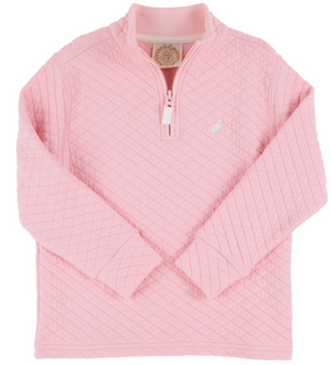 The Beaufort Bonnet Company's Baby Girls' and Girls' Canter Collar Half-Zip features a light pink quilted design in Sandpearl Pink, long sleeves, half-zip collar, and an embroidered chest logo.