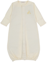 Kissy Kissy’s Baby Premier Giraffe Love Hand Emb. Striped Convertible Gown is crafted from ultra-soft Pima cotton with long sleeves, a convenient front snap closure, and features hand-embroidered details of a giraffe and letter “A” on the chest—a sweet essential for baby.