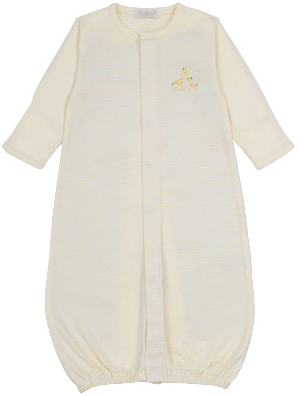 Kissy Kissy’s Baby Premier Giraffe Love Hand Emb. Striped Convertible Gown is crafted from ultra-soft Pima cotton with long sleeves, a convenient front snap closure, and features hand-embroidered details of a giraffe and letter “A” on the chest—a sweet essential for baby.