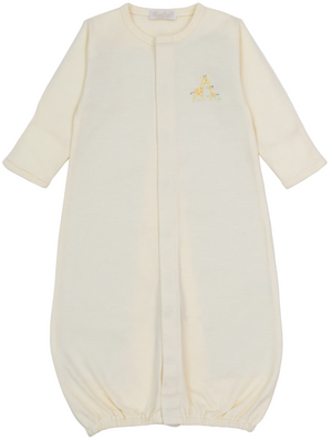 Kissy Kissy’s Baby Premier Giraffe Love Hand Emb. Striped Convertible Gown is crafted from ultra-soft Pima cotton with long sleeves, a convenient front snap closure, and features hand-embroidered details of a giraffe and letter “A” on the chest—a sweet essential for baby.