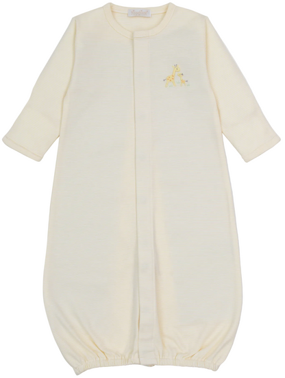 Kissy Kissy’s Baby Premier Giraffe Love Hand Emb. Striped Convertible Gown is crafted from ultra-soft Pima cotton with long sleeves, a convenient front snap closure, and features hand-embroidered details of a giraffe and letter “A” on the chest—a sweet essential for baby.