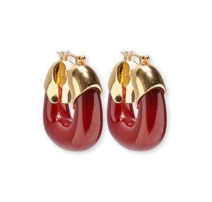 Lizzie Fortunato's Organic Gold Hoops, showcasing a glossy finish set against a white background and enhanced by stunning resin shades in red and gold.