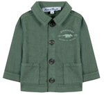 Tartine et Chocolat Baby Boys’ and Boys’ Explorer Jacket in green cotton features a playful dinosaur graphic on the left chest, four buttons, two front pockets, and a visible brand label inside the collar.