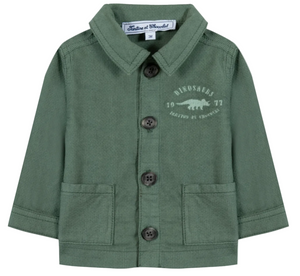 Tartine et Chocolat Baby Boys’ and Boys’ Explorer Jacket in green cotton features a playful dinosaur graphic on the left chest, four buttons, two front pockets, and a visible brand label inside the collar.