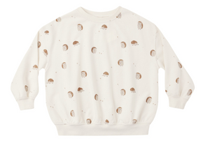 The RC Relaxed Sweatshirt by Rylee & Cru is a white, loose-fit top adorned with an all-over print of small brown and beige hedgehogs.
