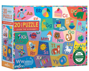 The Eeboo Learn the Alphabet 20 Piece Puzzle features colorful illustrated letters and animals. Eco-friendly and woman-owned, it’s perfect for ages 3+, making ABC learning fun!.