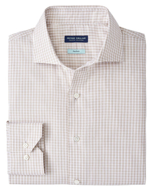 The Torino Cotton Sport Shirt by Peter Millar is a long-sleeve, button-down sport shirt in stretch cotton with a light brown and white plaid pattern and a label inside the collar.