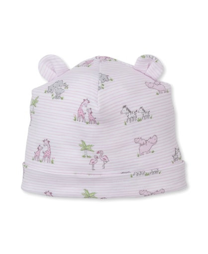 The Kissy Kissy Baby Safari Party Novelty Hat is a light pink baby hat made from soft Pima cotton, featuring charming safari party animal illustrations and two small fabric ears on top.