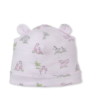 The Kissy Kissy Baby Safari Party Novelty Hat is a light pink baby hat made from soft Pima cotton, featuring charming safari party animal illustrations and two small fabric ears on top.