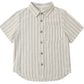 The Rylee & Cru Baby Boys' and Boys' Collared Short Sleeve Shirt, featuring blue and tan vertical stripes, a front chest pocket, and a pointed collar, is displayed flat on a white background.