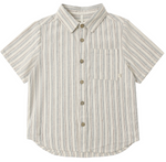 The Rylee & Cru Baby Boys' and Boys' Collared Short Sleeve Shirt, featuring blue and tan vertical stripes, a front chest pocket, and a pointed collar, is displayed flat on a white background.