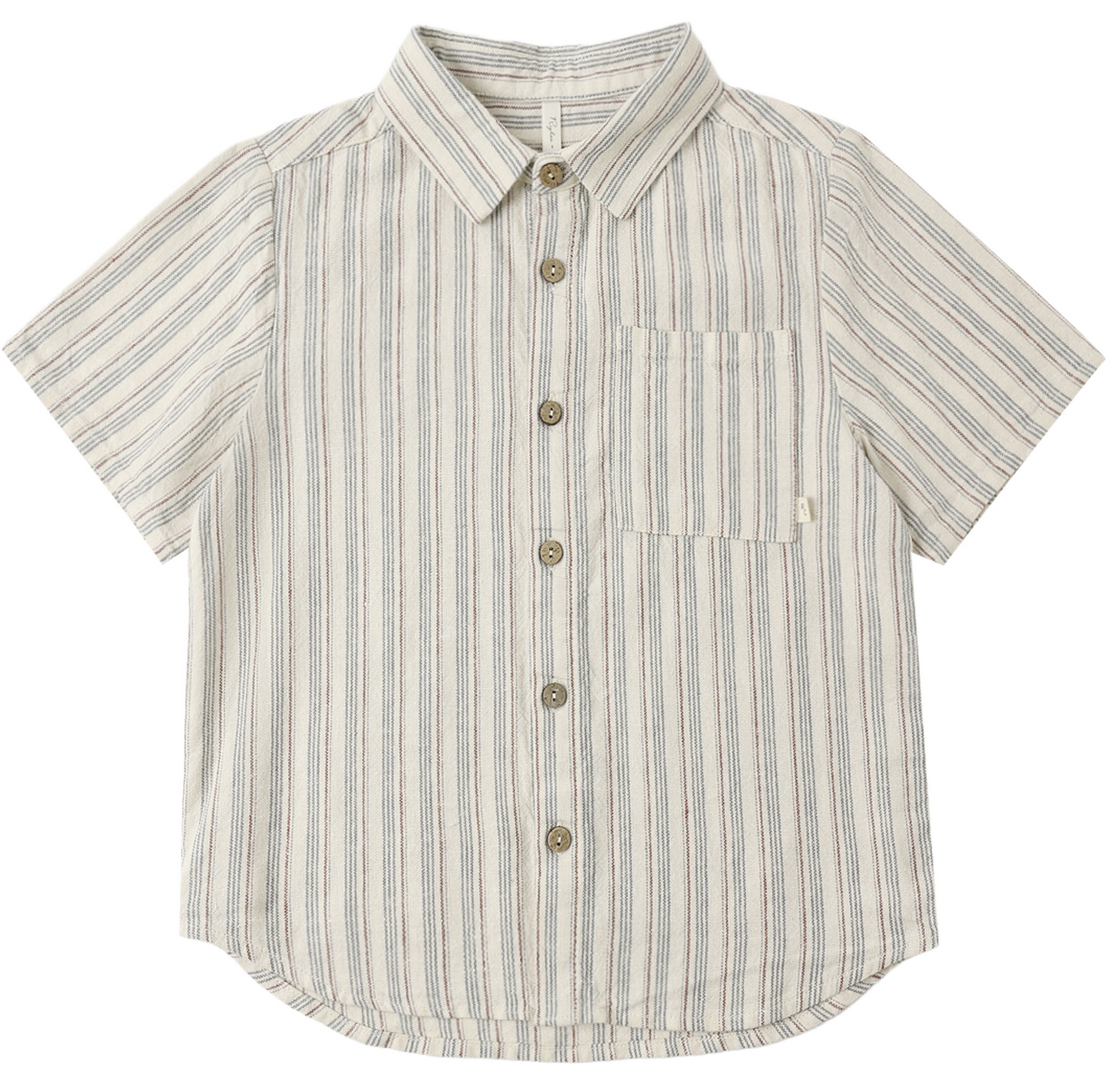 The Rylee & Cru Baby Boys' and Boys' Collared Short Sleeve Shirt, featuring blue and tan vertical stripes, a front chest pocket, and a pointed collar, is displayed flat on a white background.