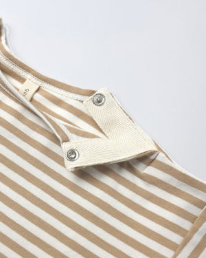 Close-up of the Quincy Mae Baby Boys' Long Sleeve Pocket Jumpsuit in beige and white stripes, featuring two metal snap buttons on the shoulder flap for easy changing.