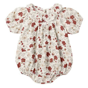 The Rylee & Cru Baby Girls' Lula Romper features short sleeves, a ruffle neck, red and beige floral print on white, and snaps at the bottom for quick changes.