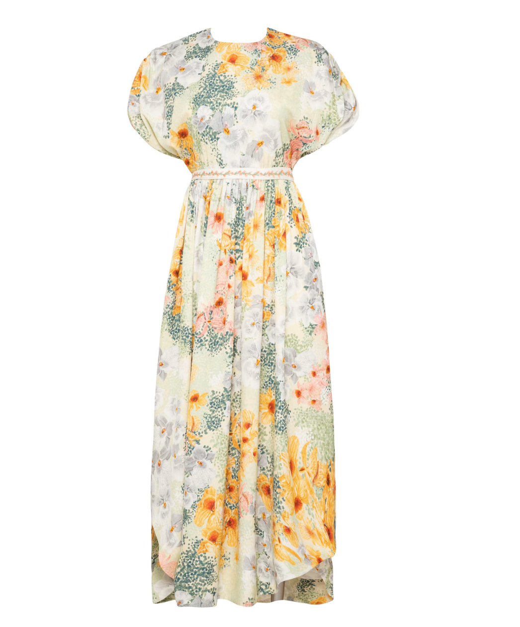 The Aire Maxi Dress by Agua By Aguabendita features a long, short-sleeved silhouette with a cinched waist and a light floral print in yellow, orange, green, and white, accented with delicate hand-embroidered details.
