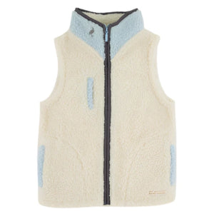 The Beaufort Bonnet Company Baby Boys' and Boys' Sherpa Van Camp Vest features a sleeveless cream design with sherpa fleece, light blue accents, a zip-up front, and high collar.