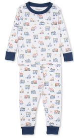 The Boys’ Construction Demo Printed Pajama Set by Kissy Kissy features playful construction vehicles in blue, yellow, and orange on soft Pima cotton. Designed for all-night comfort, this cozy set includes a long-sleeve top and matching pants, both finished with navy blue trim at the neck, cuffs, and ankles.