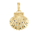 Gold plated Milos Shell Locket Charm by Anabel Aram, inlaid with small, colorful circular gemstones.