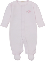 Light pink long-sleeve Baby Premier Puppy Paws Hand Emb. Striped Footie by Kissy Kissy, featuring a small hand-embroidered puppy on the chest, displayed on a white background.