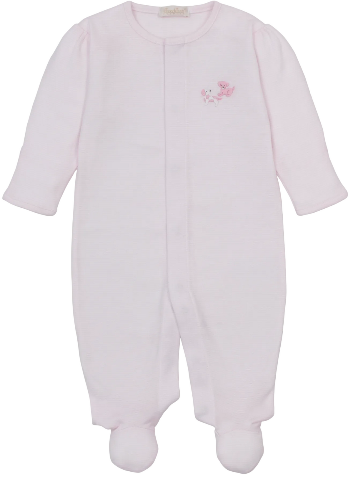 Light pink long-sleeve Baby Premier Puppy Paws Hand Emb. Striped Footie by Kissy Kissy, featuring a small hand-embroidered puppy on the chest, displayed on a white background.