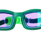Kids' Streamline Goggles by Bling2O in green, featuring tinted, reflective blue and purple anti-fog lenses, a textured frame, and black adjustable straps, shown against a white background.