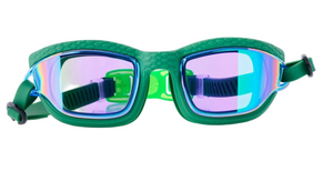 Kids' Streamline Goggles by Bling2O in green, featuring tinted, reflective blue and purple anti-fog lenses, a textured frame, and black adjustable straps, shown against a white background.