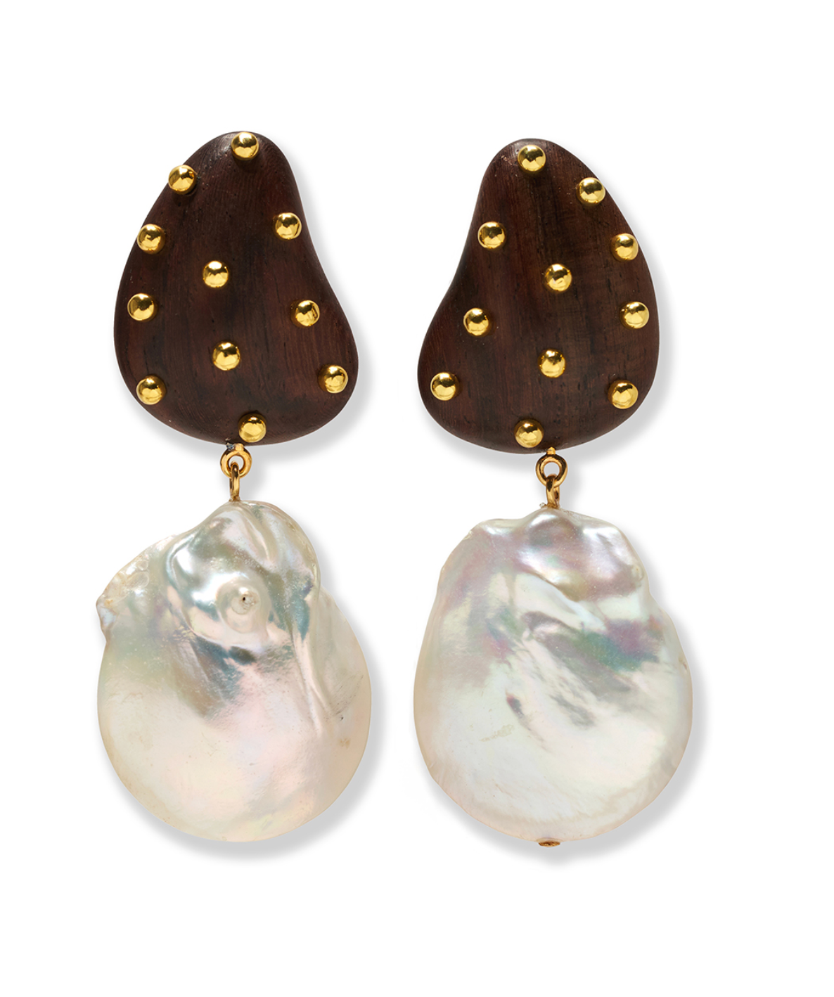 The Orbit Earrings by Lizzie Fortunato feature irregularly shaped dark acacia wood studs with gold-plated brass and gold accents, complemented by large, flat iridescent freshwater pearl drops that dangle below.