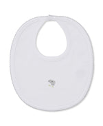 The Sweet Sheep Bib by Kissy Kissy is a white reversible bib crafted from ultra-soft Pima cotton, featuring a small embroidered gray elephant in the center—perfect for your baby.