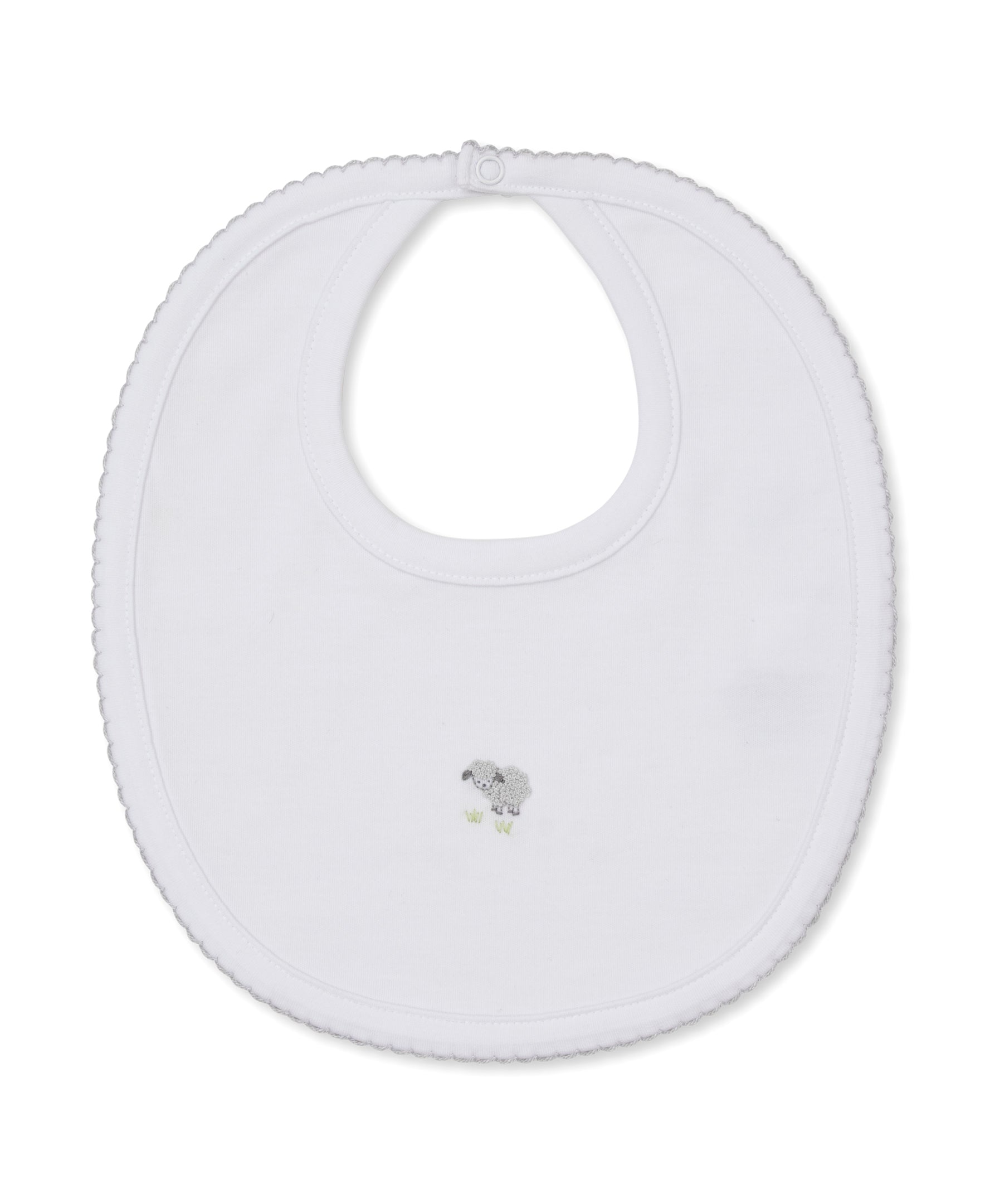 The Sweet Sheep Bib by Kissy Kissy is a white reversible bib crafted from ultra-soft Pima cotton, featuring a small embroidered gray elephant in the center—perfect for your baby.